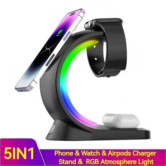 Chargeur rapide sans fil 4 en 1 avec LED RGB – Compatible iPhone & accessoires