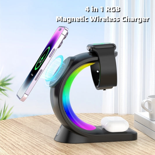 Chargeur rapide sans fil 4 en 1 avec LED RGB – Compatible iPhone & accessoires